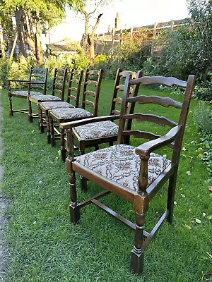 Six Antique Reproduction Oak Ladder Back Old Charm Dining Chairs With Carvers • £145