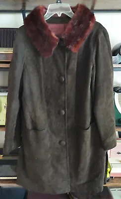 Vtg Dk Brown Suede Leather COAT  Fur Collar 60's 70's Medium Bust 42  • $29.99