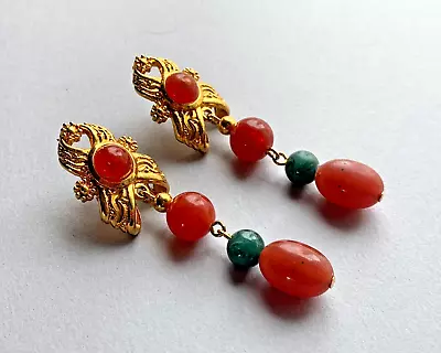 Vintage Avon Lucite Faux Carnelian Jade Big Bead Dangle Chain Runway Earrings • $19.95