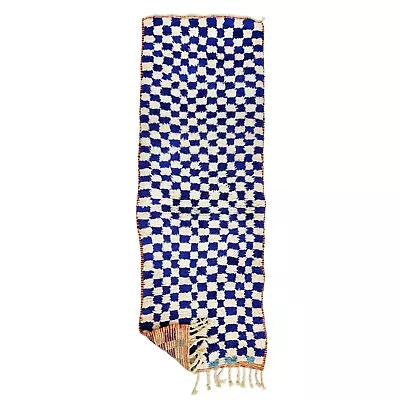 Moroccan Boujaad Handmade Rug 2'1x6'3 Berber Checkered Blue Wool Tribal  Carpet • $315