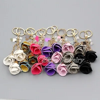 Synthetic Leather Tasseled Flower Bag Charm Keychain Purse Accessories Keyring • $6.99