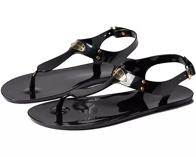 Michael Kors Jelly Plate Thong Sandals Gold Logo Black PVC Size 8 New • $58.95