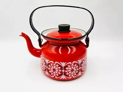 Vintage Finel Finland Enamel Red Teapot Kettle White Floral Pattern Retro 1960s • $124