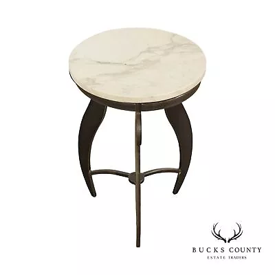 Mid Century Modern Style Round Marble Top Steel Base Side Table • $395