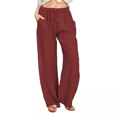 Womens Cotton Linen Wide Leg Pants Ladies Elasticated Waist Casual Trousers 14 • £11.99