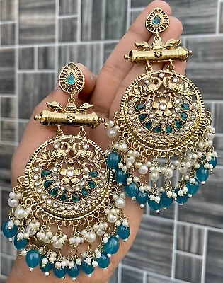 Indian Gold Plated Bollywood Style Kundan Chandbali Earrings Blue Jewelry Set • $29.99