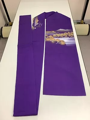 Japanese Vintage Kimono Nagoya Obi Polyester Purple Scenery Tradition 150.3x11in • $49.90