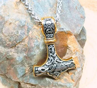 Viking Thors Hammer Mjolnir Necklace Stainless Steel Men's Silver Amulet Pendant • £8.95