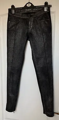 FC JEANS Black Metallic Skin Tight Snake Print Zip Bottom Stretch Jeans Size 6 • £16