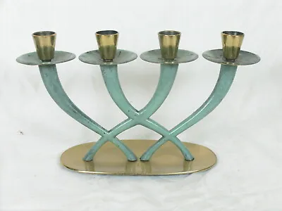 Pal-Bell Co Candlestick Maurice Ascalon Bronze Green Menorah Israel Mid Century • $149.99