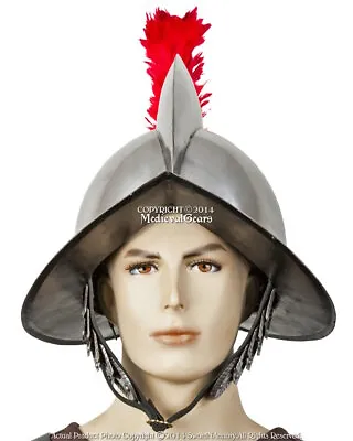 Spanish Comb Morion Helmet 20G Steel W/ Red Feather Plume Renaissance Fair LARP • $59.98