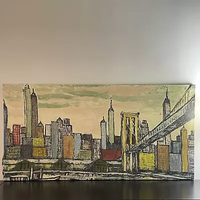 Vintage Mid-Century Modern Abstract Cityscape NYC Painting 1950s 24”x48” Impasto • $395