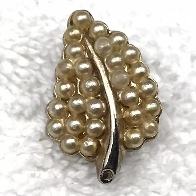 Leaf Gold Tone Simulated Pearl Vintage Pin Brooch • $9.45