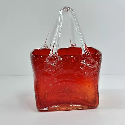 Glass Murano RedOrange Purse Art Style Hand Blown Vase VTG Bubble Handbag Handle • $25.99