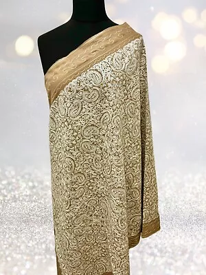 Luxurious Kashmiri Embroidery Shawl Scarf Wrap  Hijab Fine Wool Beige/ Brown • £20