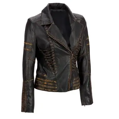 Womens Vintage Distressed Biker Leather Jacket • $99.99
