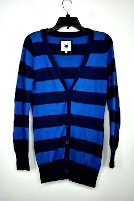I Love H81 Womens Blue Striped Cardigan Button Front Cotton Blend Rib Knit M • $7.54
