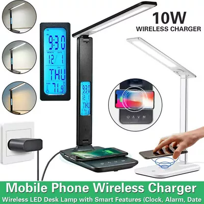 10W Wireless Charger LED Desk Lamp Touch Reading Light W/ Calendar Alarm Clock • $61.65