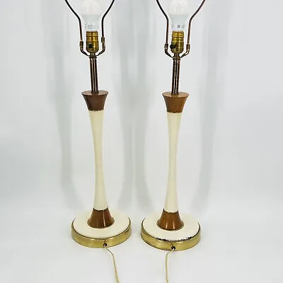 Vtg Pair 2’ Tall Table Lamps Mid Century Modern Metal Brass White Wood Trim • $93.75