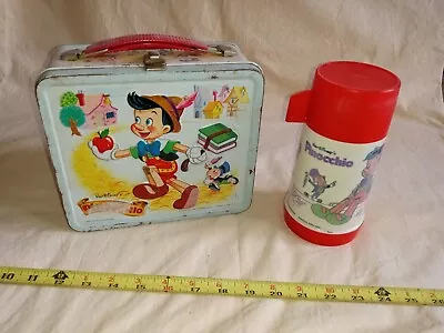 VINTAGE 1971 PINOCCHIO LUNCHBOX Lunch Box & THERMOS W/ Wire Thermos Holder. • $115