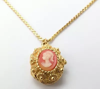 Vintage Cameo Gold Tone Solid Perfume Locket Pendant Chain Necklace 18  • $17.99