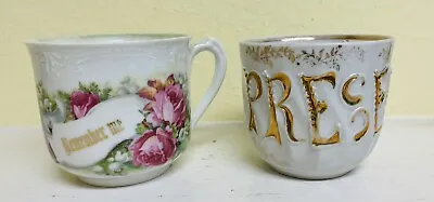 2 Vtg Porcelain Victorian Mustache/Friendship Cups “Remember Me” & “”Present” • $13.50