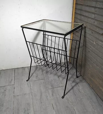 Vintage Mid Century Modern Black Wrought Iron Glass Table With Magazine Rack • $270