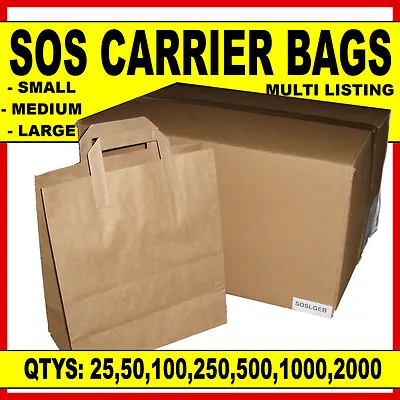 Brown Paper SOS Carrier Bags Take Away Handles *ALL 3 SIZES- SmallMediumLarge* • £6.44