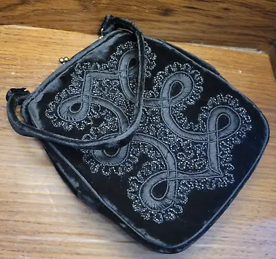 Vintage La France - Black Velvet Beaded Ornate Evening Boho Bag • $24