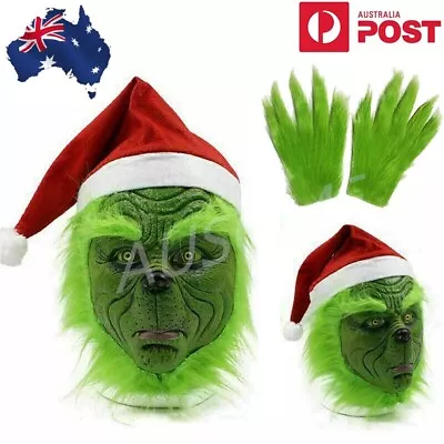 Xmas Party Monster The Grinch Adult Full Head Mask Hat Gloves Costume Cosplay • $29.99