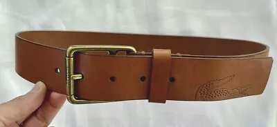 Lacoste Men's Brown Leather Belt Gold Metal Buckle Embossed Alligator 32 In. • $49.99