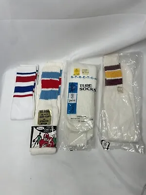 Vintage Mens Tube Socks 6 Pairs Brookdale Burgundy Red White Blue Striped  • $67.50