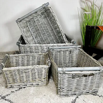 £25.99 • Buy Wicker Storage Basket Wooden Handles Antique Wash Grey Woven Willow Kitchen Gift