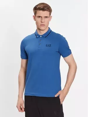 Emporio Armani EA7 Polo T-Shirt Logo Pique Blue & Black Details | M - Medium • £59.95