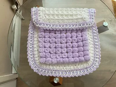 Beautiful Handmade Pom Pom Blanket Car Seat Size Lilic  /white • £19.99