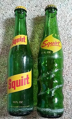 2 VINTAGE SQUIRT 10 Oz Green Soda Pop Bottles With Caps • $19.99