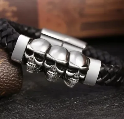 £4.49 • Buy Men's Skull Stainless Steel Leather Bracelet Magnetic Silver Clasp Bangle Black