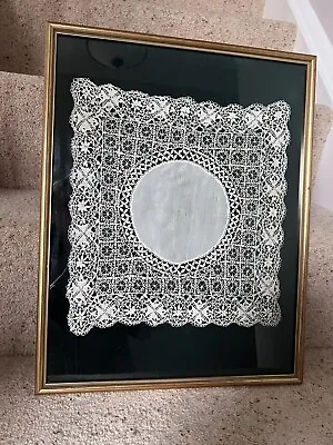 Antique Framed Victorian Maltese Ivory Cream Silk Bobbin Lace Handkerchief • £48.99