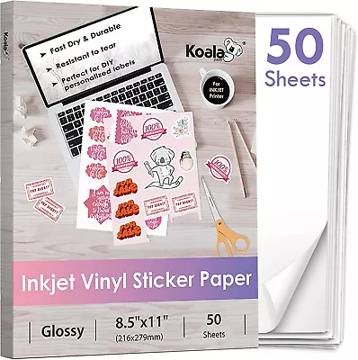 50 Sheet Koala Sticker Paper 8.5x11 Inkjet Vinyl Sticker Paper Glossy Waterproof • $19.99