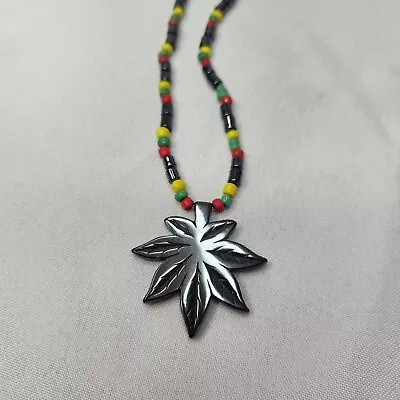 Hematite Necklace Weed Pendant Jamacia Reggae 13  L • $18