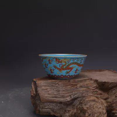 3.5  Collect China Ming Colour Enamels Porcelain Celeste Glaze Gild Dragon Cup • $19.99