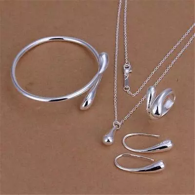 925 Sterling Silver Water Drop Jewelry Set Bracelet Necklace Earrings Ring Gift • $8.15