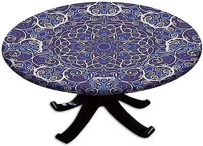 Bohemian Elastic Table Cover Navy Blue Kaleidoscope Flower Round Tablecloth • $25.99