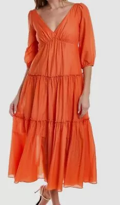 $371 Marchesa Notte Women's Orange Puff-Sleeve Tiered Voile Midi Dress Size 4 • $118.78