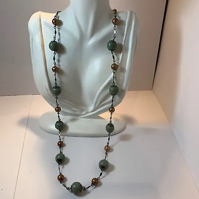 Accessorize Necklace Sage Green Beaded Beads Rose Gold Tone Dark Metal Chain • £4.99