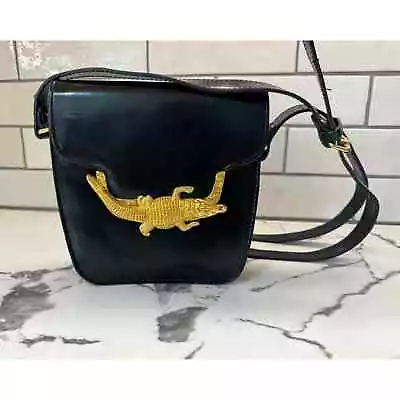 VINTAGE Black Leather Gold Crocodile Shoulder Bag Handbag Purse UNIQUE • $39.99