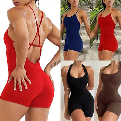 $15.49 • Buy Women Backless Sports Jumpsuit 2022 Fitness Overalls One Piece Shorts Outfit Gym