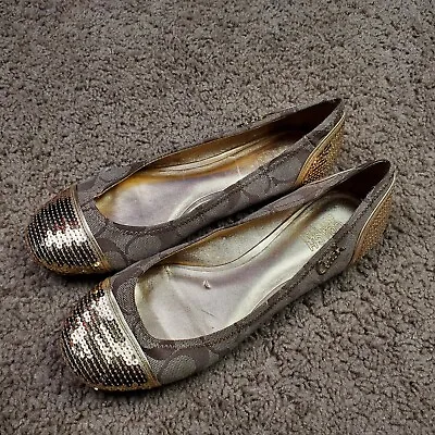Coach Signature Shine Ballet Flats Shoes Sequin Gold Logo Women's 6B • $39.99