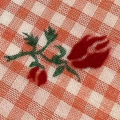 Vintage Flocked Red Rose Orange Gingham Fabric 3 - 43” X 25” Sewn Together • $49