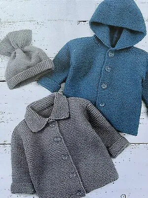 Baby/Childrens Easy DK Cardigan/jacket & Hat Knitting Patterns 14”-20” • £1.95